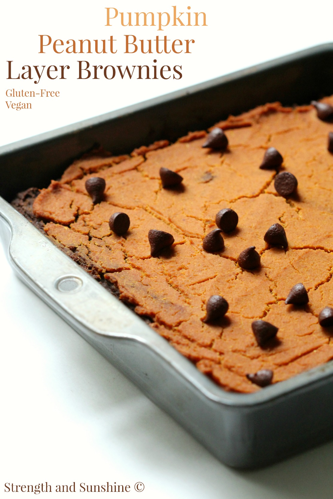 Pumpkin Peanut Butter Layer Brownies | Strength and Sunshine @RebeccaGF666 Where pumpkin, peanut, and chocolate combine! Pumpkin Peanut Butter Layer Brownies will make you rethink your definition of brownie. These gluten-free and vegan brownies are the healthiest of holiday indulgences, you won't have to stop at one! They can be dessert or breakfast! 