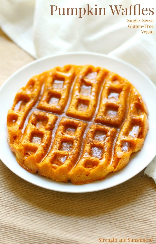 Pumpkin Waffles | Strength and Sunshine @RebeccaGF666 Simple, crispy, and delicious pumpkin waffles! A single-serve, gluten-free, vegan breakfast recipe that's easy and ready in a snap any day of the year! Plus, you can sneak your veggies in!
