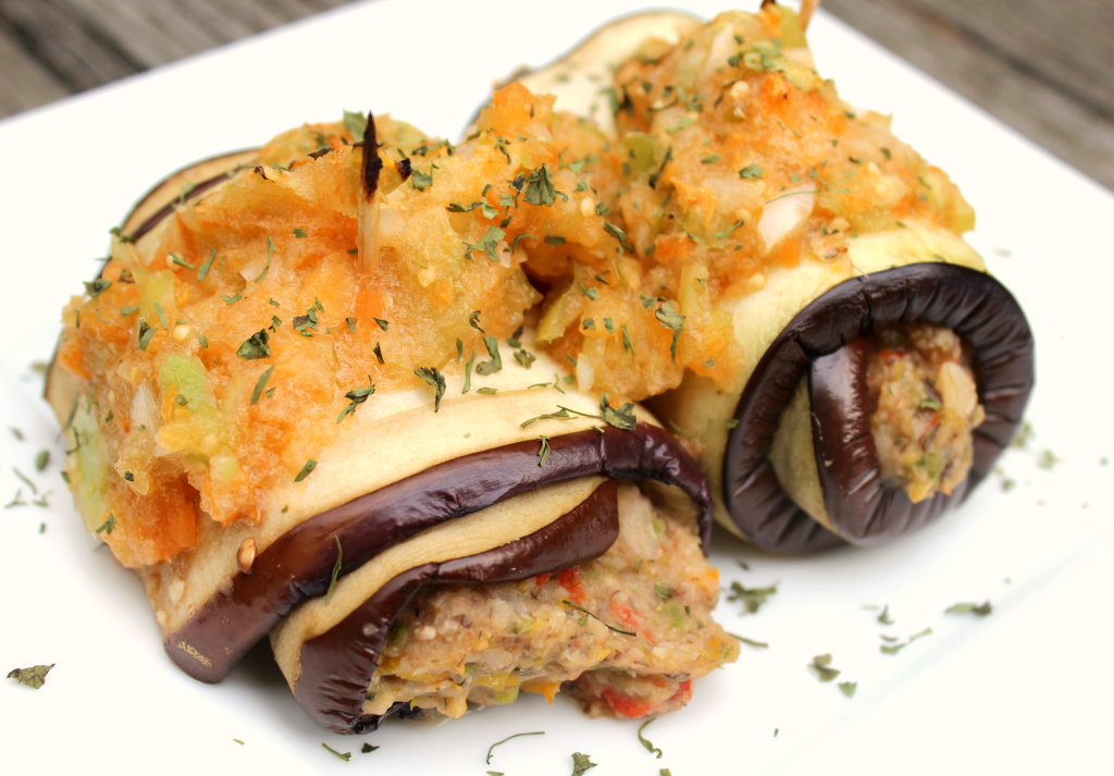 Black Bean Eggplant Roll-Ups with Apricot Tomatillo Salsa | Strength and Sunshine #glutenfree #vegan