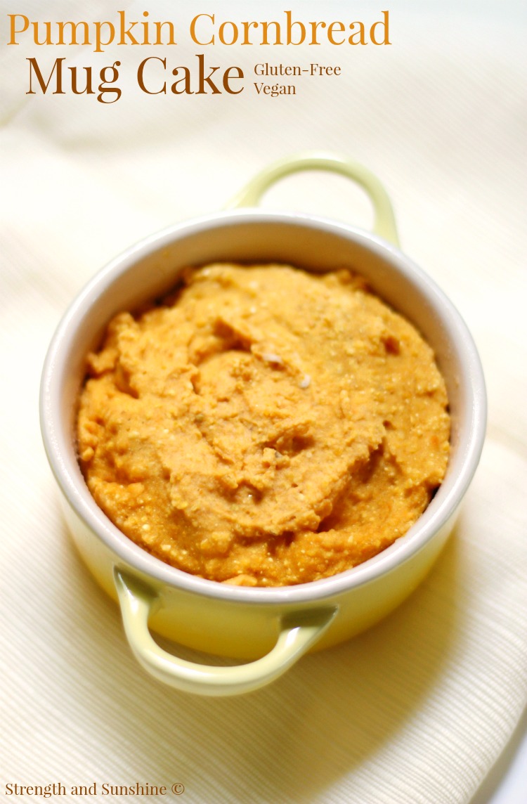 Pumpkin Cornbread Mug Cake | Strength and Sunshine @RebeccaGF666 The easiest cornbread for one, with a twist! A Pumpkin Cornbread Mug Cake recipe made easily in the microwave, gluten-free, and vegan! This healthy little treat can be served for breakfast, a snack, or even dessert!