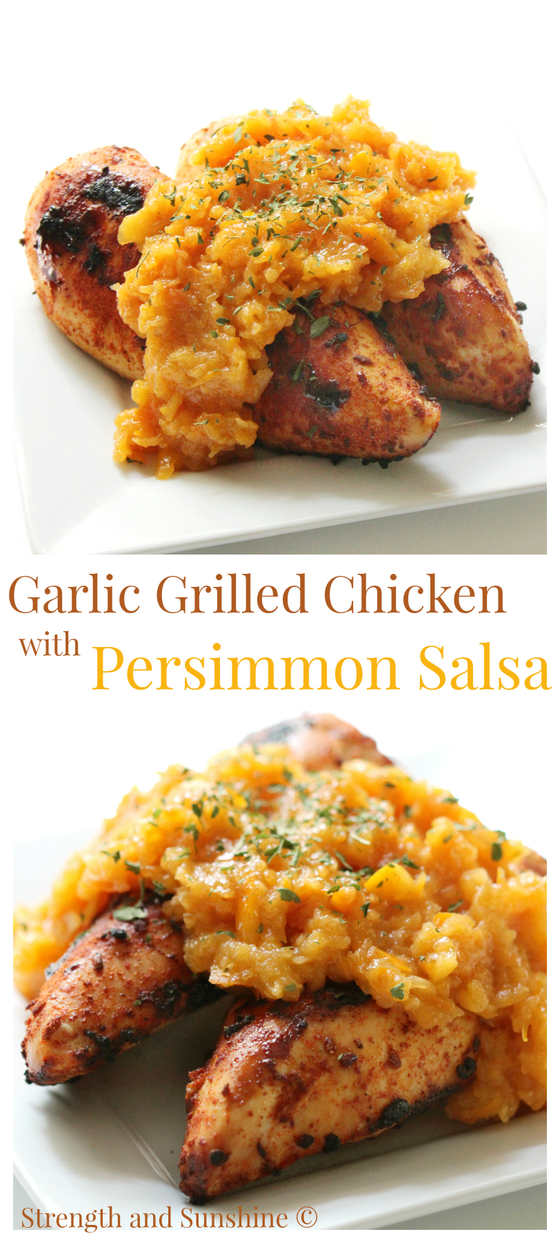 Garlic Grilled Chicken With Persimmon Salsa | Strength and Sunshine @RebeccaGF666 Savory garlic grilled chicken with a subtly sweet persimmon salsa is the perfect combo to make your grilled chicken even better! Gluten-free and paleo, this grilled chicken recipe will be on the dinner menu every week!