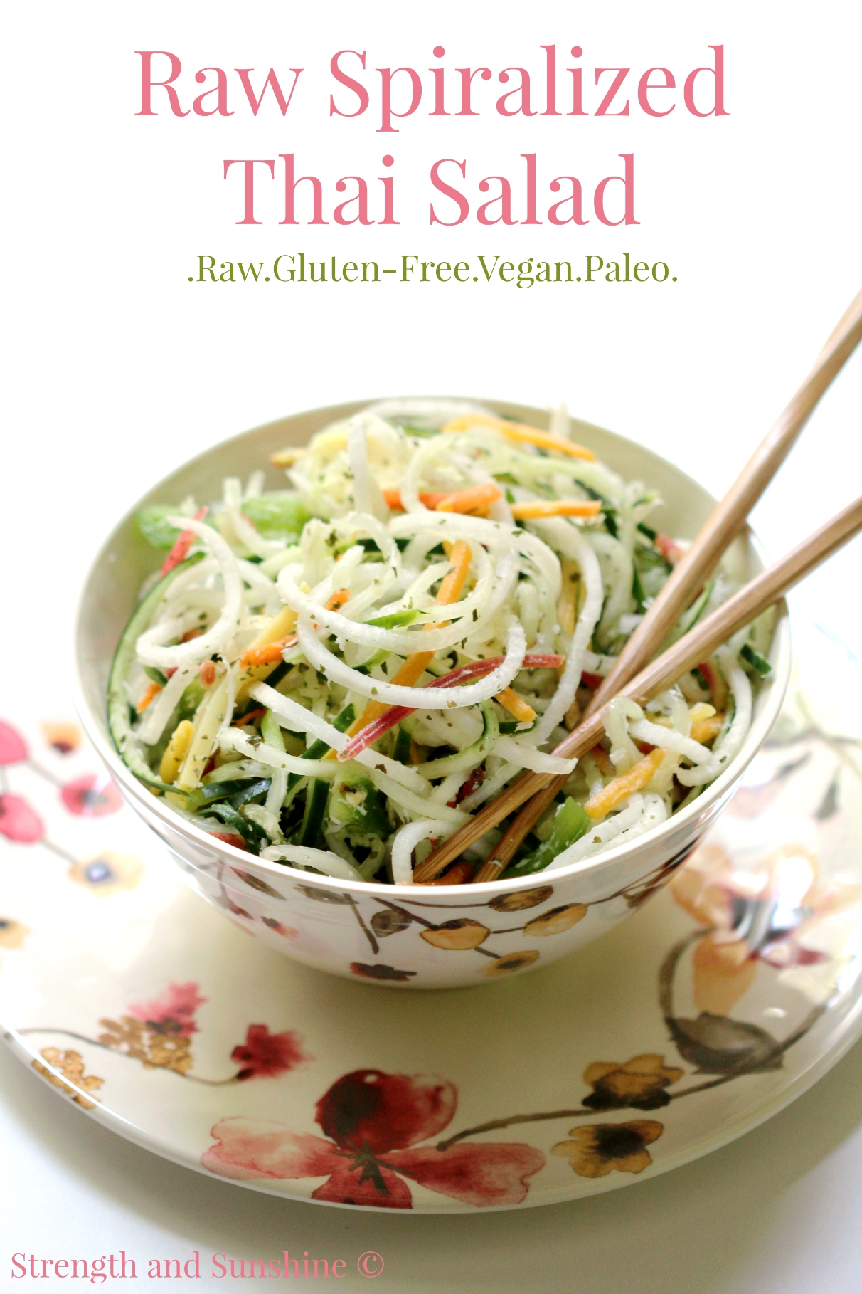 Raw Spiralized Thai Salad | Strength and Sunshine @RebeccaGF666 Who ever said veggies were boring? This Spiralized Thai Salad is all veggie, all raw, and exploding with flavor! If you aren't a veggie lover yet, you will be after tasting this gluten-free, paleo, and vegan spiralized salad recipe!