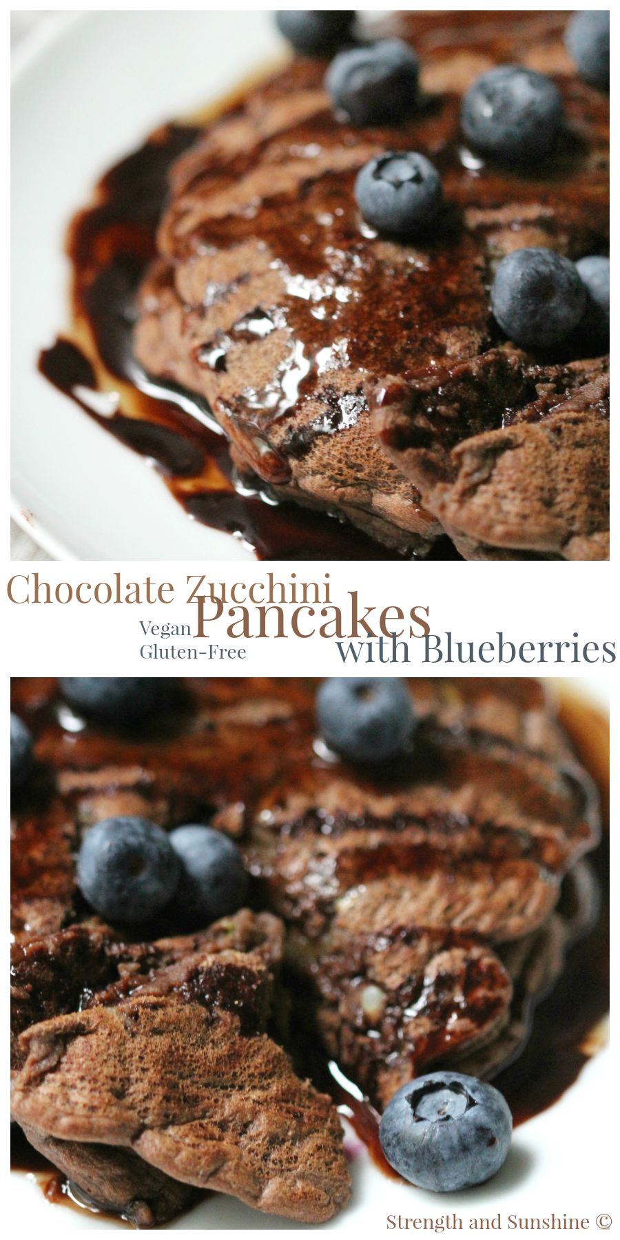 Chocolate Zucchini Pancakes With Blueberries | Strength and Sunshine @RebeccaGF666 The greatest gluten-free vegan pancakes you will ever make. Chocolate zucchini pancakes with blueberries are a weekend essential perfected for weekend breakfast bliss.