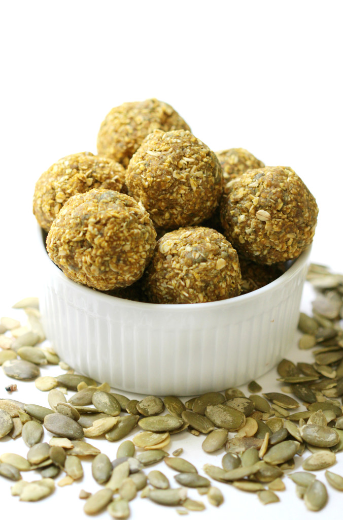 Pumpkin Pie Snack Bites | Strength and Sunshine @RebeccaGF666 Have your pumpkin pie all in one bite. Pumpkin seeds, butter, puree and spice along with whole grain oats, combine to create a healthy allergy-free, gluten-free, and vegan snack bite! Enjoy the flavor of Fall with no baking required!