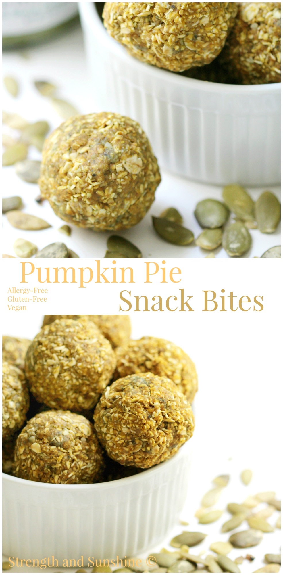Pumpkin Pie Snack Bites | Strength and Sunshine @RebeccaGF666 Have your pumpkin pie all in one bite. Pumpkin seeds, butter, puree and spice along with whole grain oats, combine to create a healthy allergy-free, gluten-free, and vegan snack bite! Enjoy the flavor of Fall with no baking required!