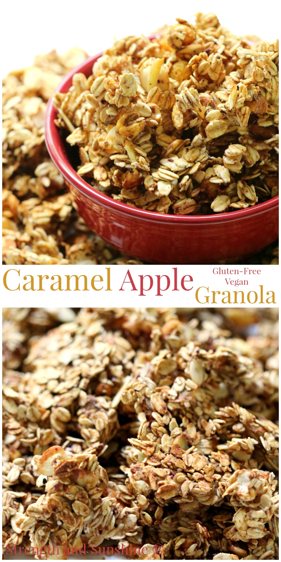 Caramel Apple Granola | Strength and Sunshine @RebeccaGF666 An easy granola with all the seasonal flavors; healthy, gluten-free, vegan, and sugar-free. Caramel Apple Granola is perfect for breakfast, snacking, or topping a dessert!