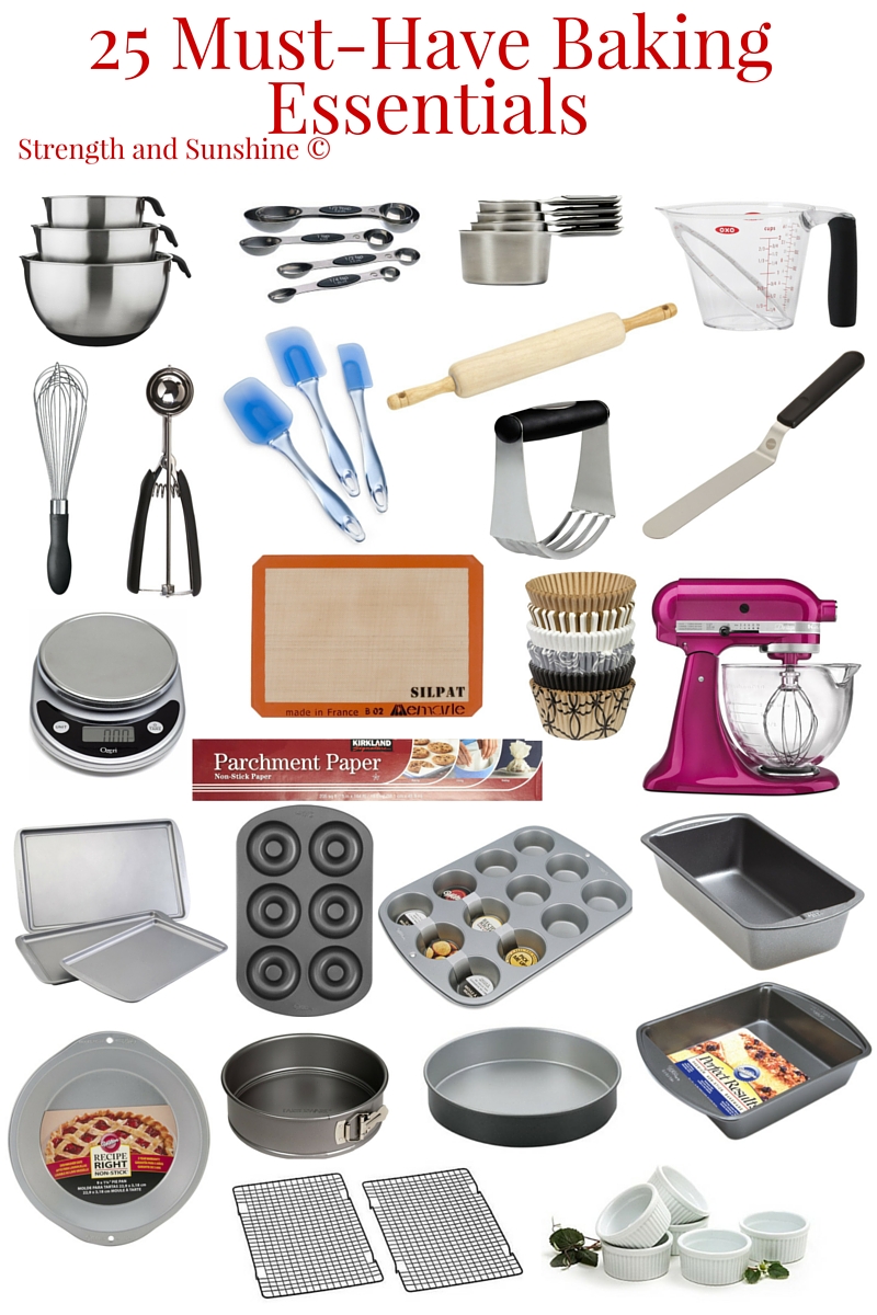 25 Must-Have Baking Essentials | Strength and Sunshine @RebeccaGF666 From fledgling home bakers to professional pastry chefs, some baking essentials are a must-have all around. With the right 25 must-have tools and a little practice, everyone will be whisking their way to baking greatness. These 25 make the perfect gifts for holidays too!