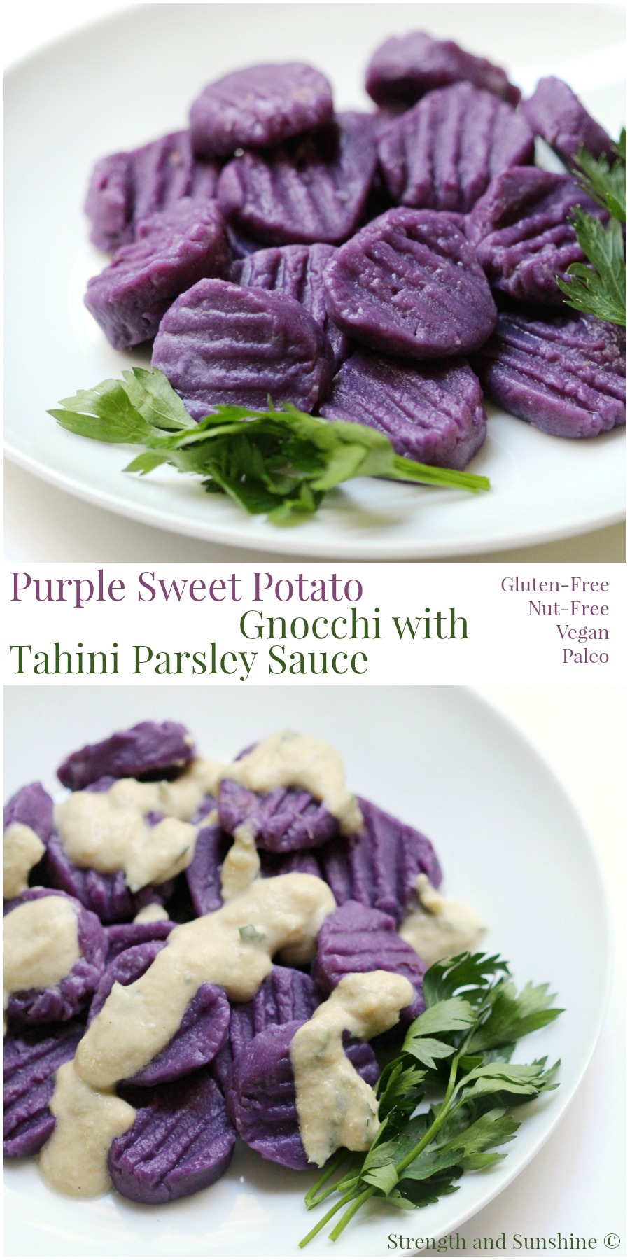 Purple Sweet Potato Gnocchi + Tahini Parsley Sauce | Strength and Sunshine @RebeccaGF666 You won't believe how easy homemade gnocchi can be! With the stunning color of purple sweet potatoes and the taste of creamy tahini with parsley and garlic, this gluten-free, vegan, nut-free, and paleo recipe will blow everyone's mind! An elegant dinner or date night dish!