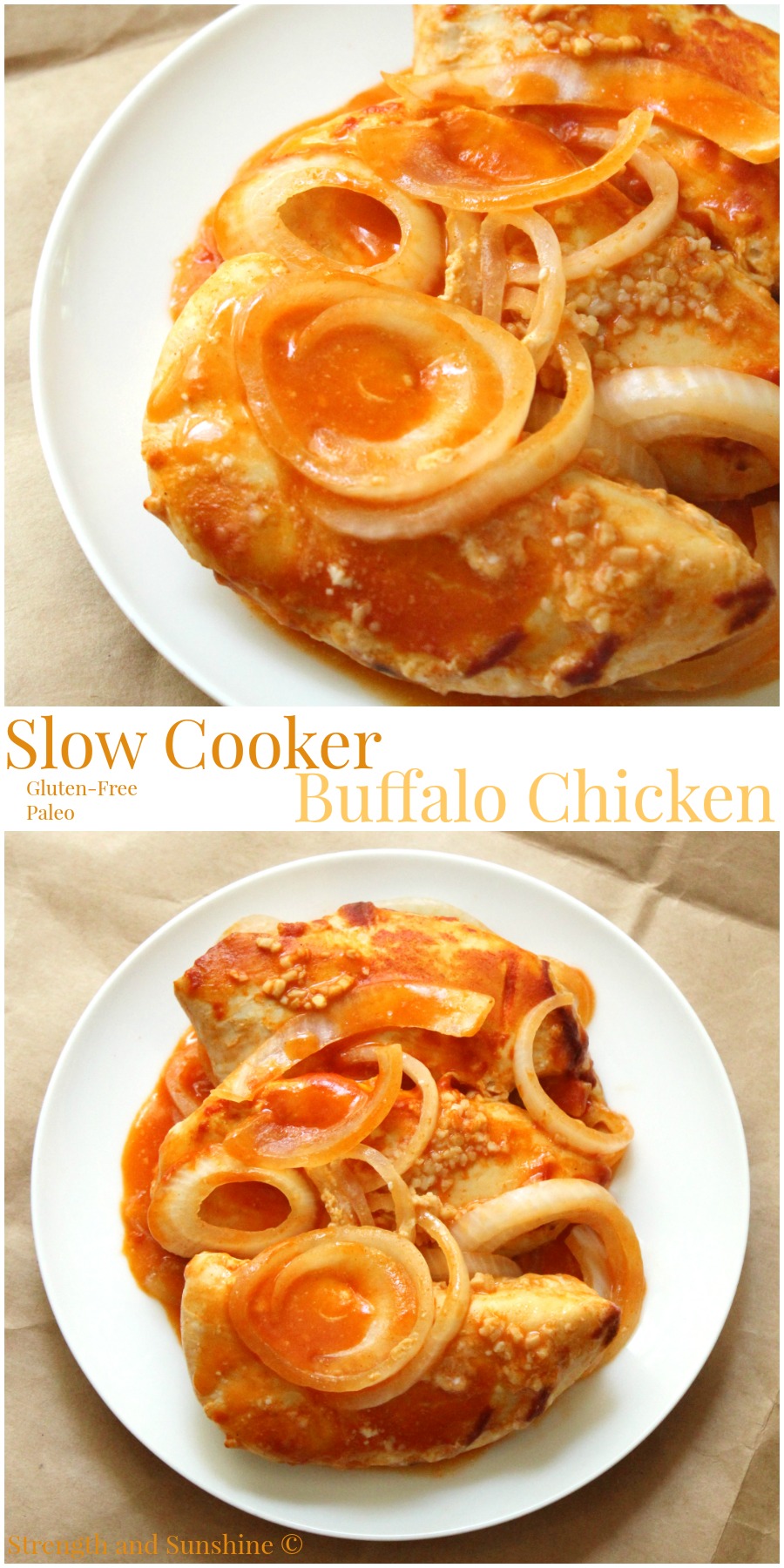 Slow Cooker Buffalo Chicken | Strength and Sunshine @RebeccaGF666 Grab your slow cooker, it's time for a hot and spicy meal! Thrown together in seconds, but full of flavor, gluten-free, dairy-free, paleo, and with a secret to the creaminess; slow cooker buffalo chicken is the perfect weeknight dinner recipe!