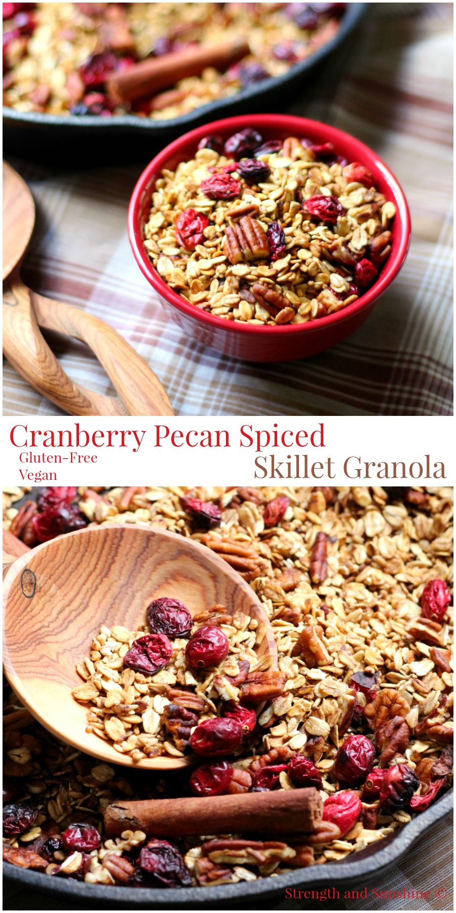 Cranberry Pecan Spiced Skillet Granola | Strength and Sunshine @RebeccaGF666 Bring the scents of cozy warmth and cheer to you home by making this stove-top cranberry pecan spicy skillet granola. Gluten-free and vegan, the perfect healthy treat to munch on, morning, noon, or night! Makes a great breakfast, snack, or homemade gift!