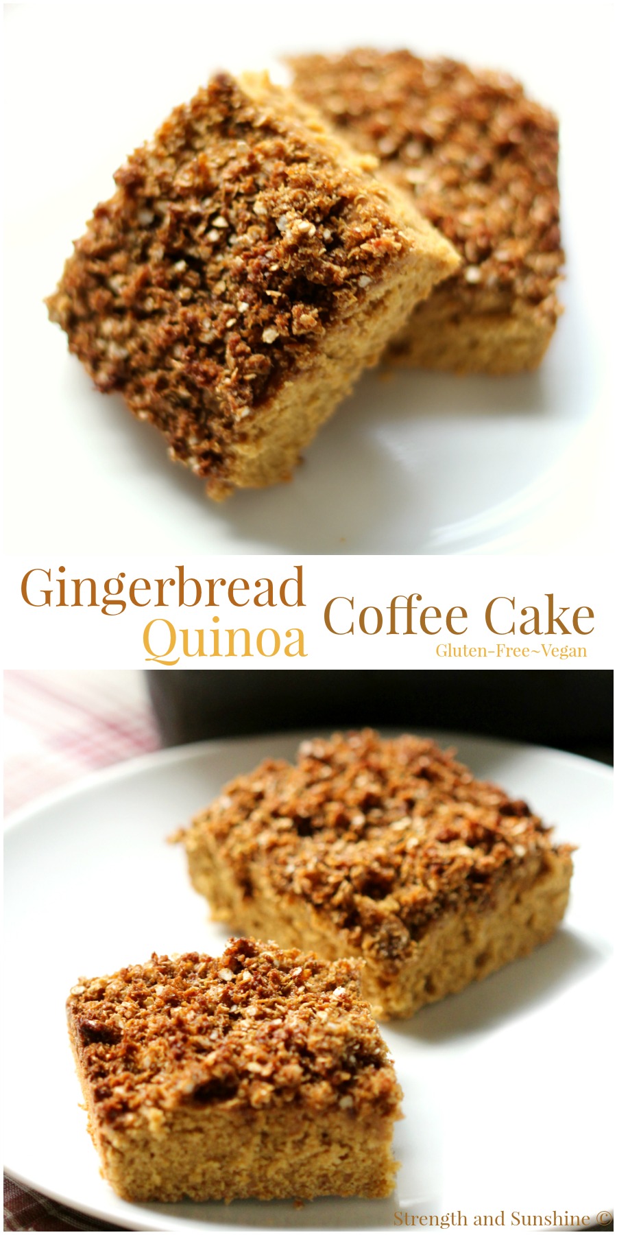 Gingerbread Quinoa Coffee Cake | Strength and Sunshine @RebeccaGF666 Get cozy with some coffee and a slice of this gingerbread quinoa coffee cake! A warm holiday flavor with the protein of quinoa, gluten-free and vegan, this healthy coffee cake is perfect for a winter breakfast, a weekend brunch, or healthy holiday dessert!