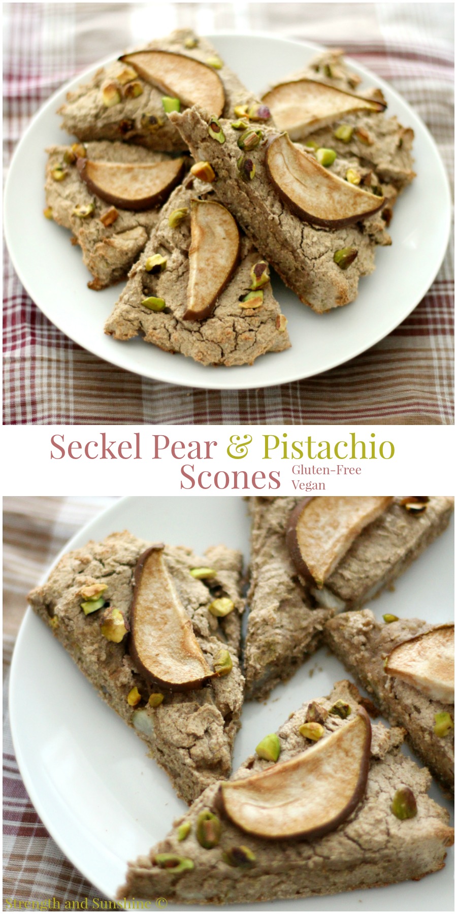Seckel Pear & Pistachios Scones | Strength and Sunshine @RebeccaGF666 Lovely whole grain gluten-free vegan scones for an elegant winter breakfast or brunch. Seckel pear & pistachio scones are perfect paired with a warm mug of coffee or tea.