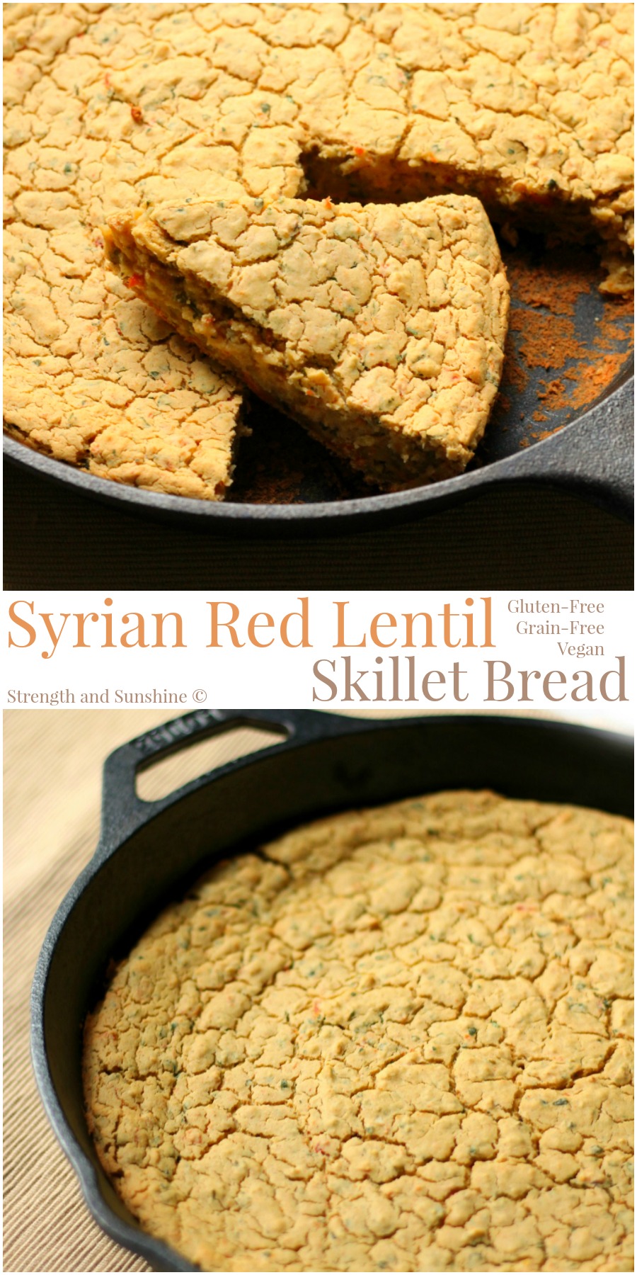 Syrian Red Lentil Skillet Bread | Strength and Sunshine @RebeccaGF666 A Syrian-inspired red lentil skillet bread, bursting with flavorful spices, herbs, and roasted red pepper. Gluten-free, grain-free, and vegan, this easy lentil skillet bread will wow your guests and make dinner memorable.