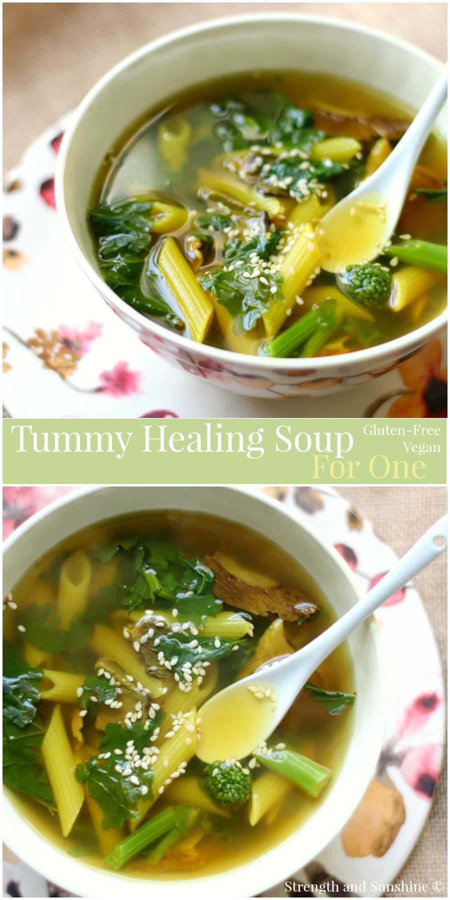 Tummy Healing Soup For One | Strength and Sunshine @RebeccaGF666 Soup for the soul. A gluten-free and vegan tummy healing soup for one full of anti-inflammatory and nourishing ingredients. Turmeric, ginger, veggies, spices, and a bit of pasta to bring you all the love your body needs. @BarillaUS #GlutenFreeBarilla #Pmedia #ad