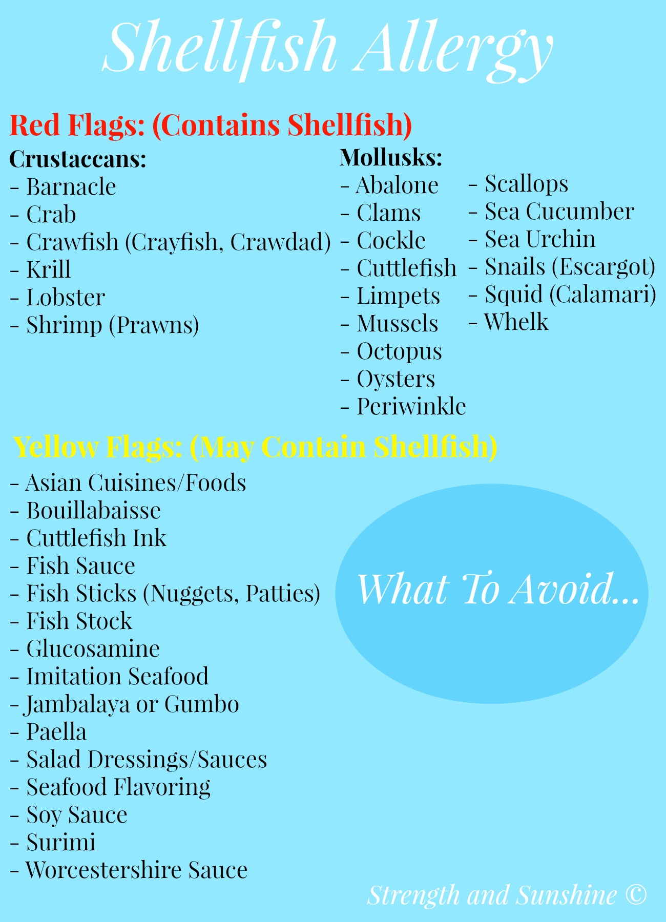 What To Avoid With A Shellfish Allergy | Strength and Sunshine @RebeccaGF666 The most common Top 8 food allergy in adults and can cause severe anaphylaxis and life threatening reactions. Here is a list of what food and ingredients to look for and avoid with a shellfish allergy.