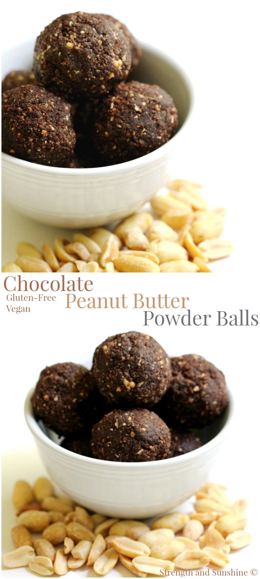Chocolate Peanut Butter Power Balls | Strength and Sunshine @RebeccaGF666 Get your chocolate and peanut butter fix with these healthy, gluten-free, vegan, and grain-free Chocolate Peanut Butter Power Balls! A yummy protein-packed snack recipe for all ages and bite sizes!