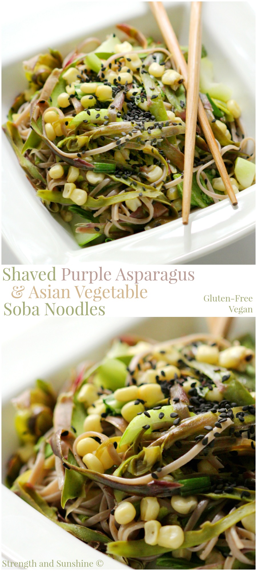 Shaved Purple Asparagus & Asian Vegetable Soba Noodles | Strength and Sunshine @RebeccaGF666 A beautiful shaved purple asparagus and Asian vegetable soba noodle recipe that's gluten-free and vegan. Elegance and freshness in a bowl makes the perfect healthy dinner or lunch.