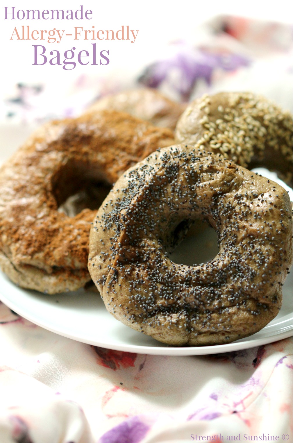 Homemade Allergy-Friendly Bagels | Strength and Sunshine @RebeccaGF666 Fresh from the oven, homemade allergy-friendly bagels for everyone! Gluten-free, nut-free, dairy-free, egg-free, soy-free, vegan, a simple recipe for the classic and favorite breakfast carb! Choose your topping and flavors for a special journey!