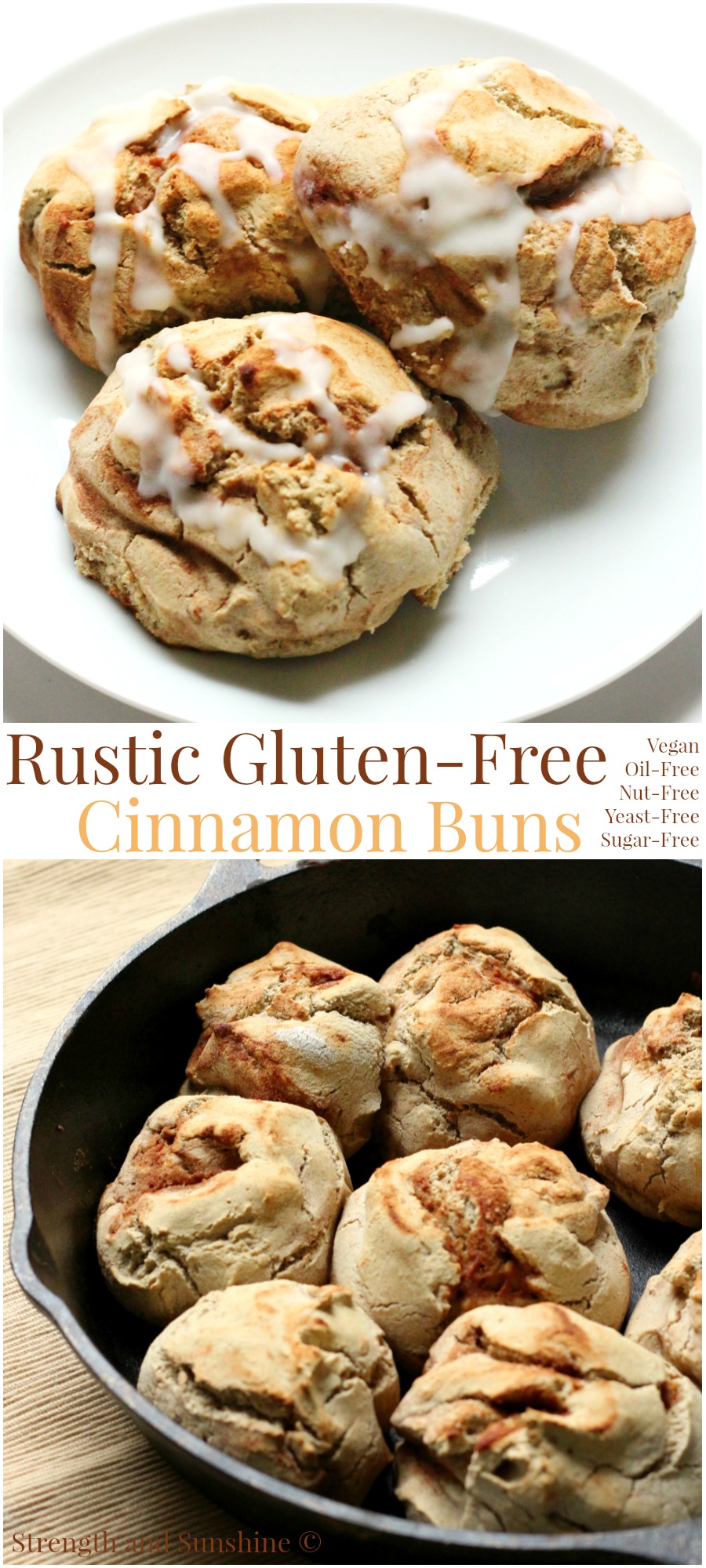 Rustic Gluten-Free Cinnamon Buns | Strength and Sunshine @RebeccaGF666 Rustic gluten-free cinnamon buns that are vegan, oil-free, sugar-free, nut-free, and no yeast! Lovingly made right in a cast iron skillet for extra flavor and charm. A breakfast or brunch recipe that will leave you feeling warm and cozy!