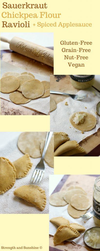 Sauerkraut Chickpea Flour Ravioli + Spiced Applesauce | Strength and Sunshine @RebeccaGF666 Homemade sauerkraut filled chickpea flour ravioli in seconds! Mix, roll, cut, stuff, boil! The simplicity of a gluten-free, grain-free, nut-free, egg-free, dairy-free, and vegan dinner recipe that's healthy and flavorful with the saltiness of sauerkraut and sweet spice of an applesauce topping!