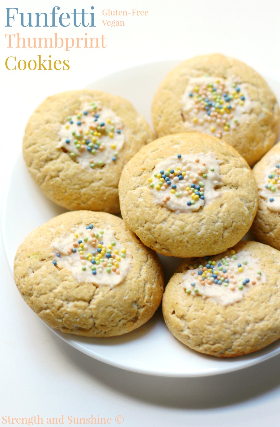 Funfetti Thumbprint Cookies | Strength and Sunshine @RebeccaGF666 All of the cake qualities of Funfetti in cookie form! Gluten-free and vegan Funfetti Thumbprint Cookies, soft, sweet, & tender with a "cream cheese" center to mimic frosting! The iconic celebratory dessert for any occasion!