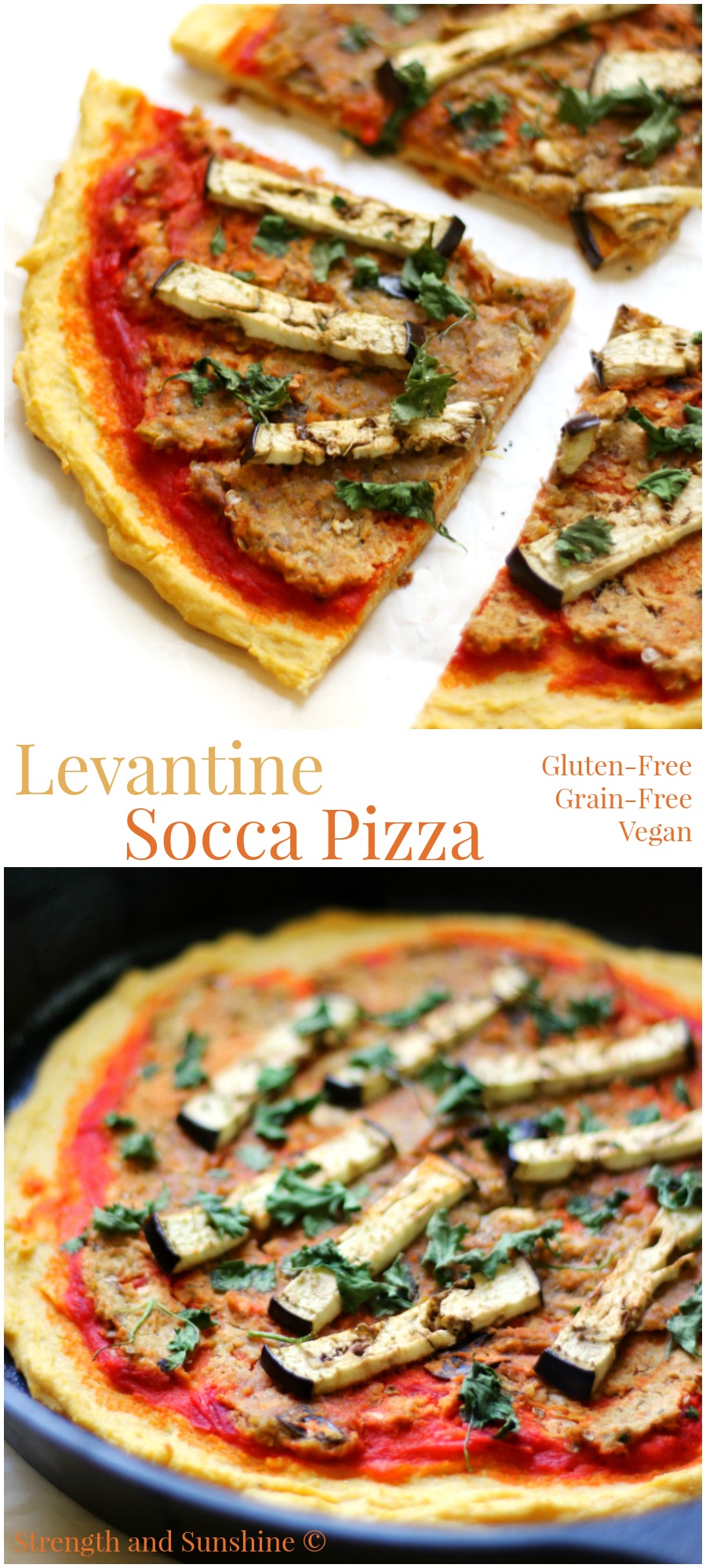 Levantine Socca Pizza | Strength and Sunshine @RebeccaGF666 Combining Levantine flavors to create a delicious gluten-free, grain-free, nut-free, vegan pizza recipe baked in a cast iron skillet! Levantine Socca Pizza is the healthy exotic twist you need to spice up pizza night!