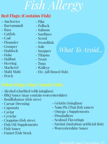 What To Avoid With A Fish Allergy | Strength and Sunshine @RebeccaGF666 Fish allergies are not the same, nor even in the same family as a shellfish allergy. A fish allergy comprises what are called "finned fish", i.e. salmon, tuna, flounder, etc. This is one food allergy that usually becomes apparent in adulthood (this could be because babies and children are less liking to be consuming fish in their everyday diet).