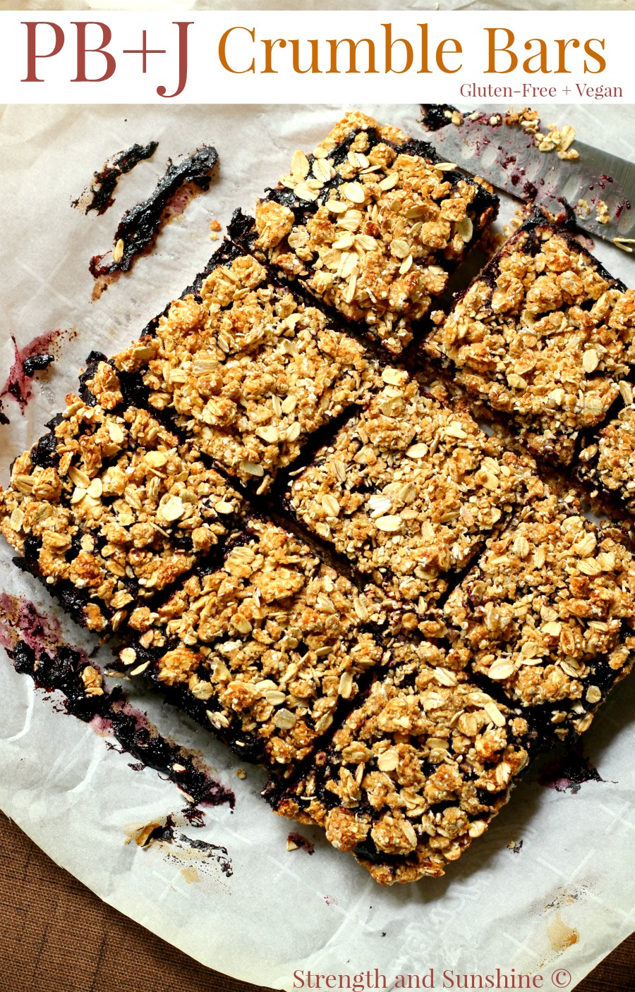 Peanut Butter & Jelly Crumble Bars | Strength and Sunshine @RebeccaGF666 Everyone's childhood favorite sandwich baked into a delicious gluten-free and vegan bar! Peanut Butter & Jelly Crumble Bars that can be eaten for breakfast, lunch, as a snack, or dessert! This healthy bar recipe will have you ditching the bread!