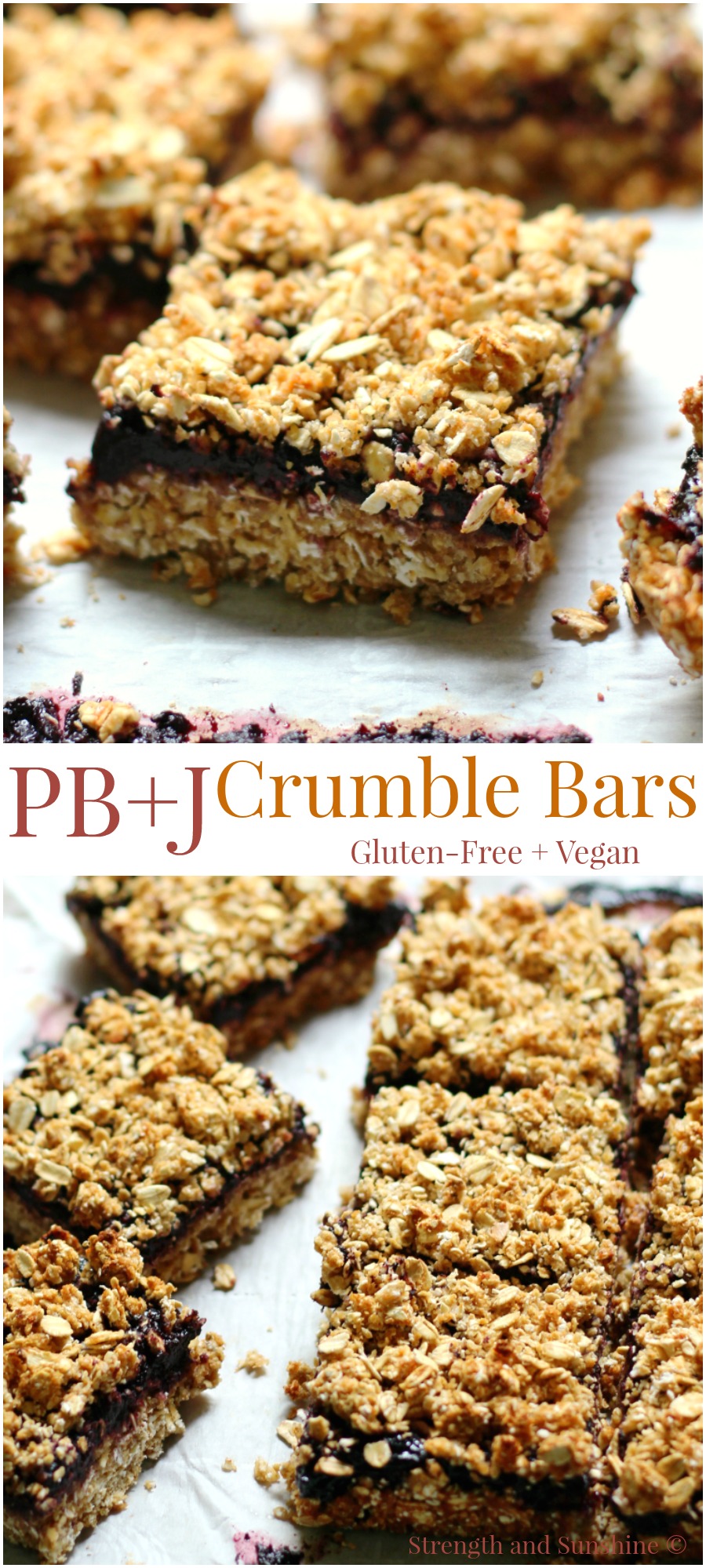 Peanut Butter & Jelly Crumble Bars | Strength and Sunshine @RebeccaGF666 Everyone's childhood favorite sandwich baked into a delicious gluten-free and vegan bar! Peanut Butter & Jelly Crumble Bars that can be eaten for breakfast, lunch, as a snack, or dessert! This healthy bar recipe will have you ditching the bread!