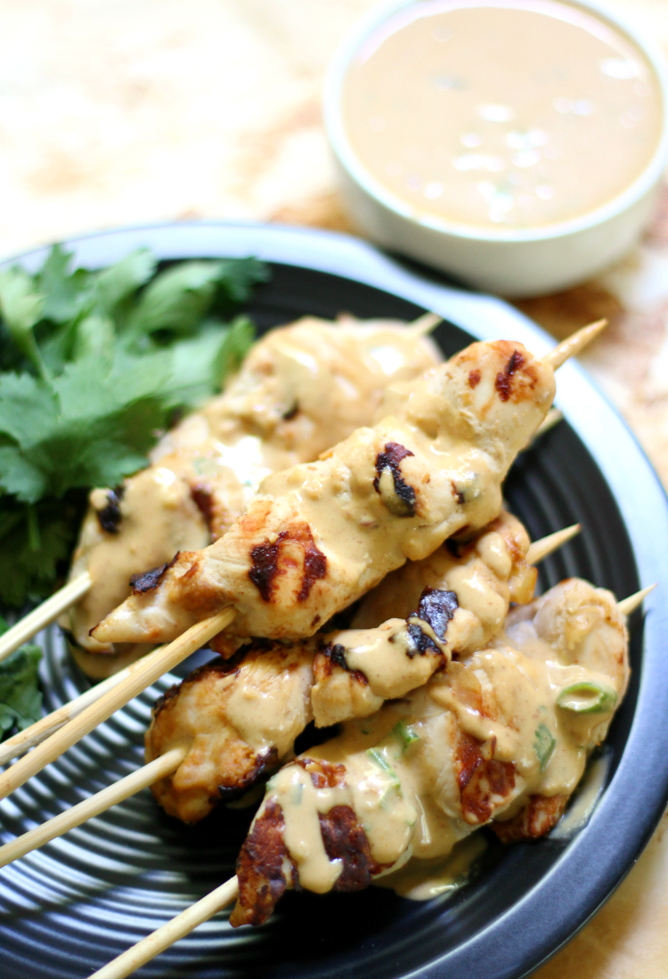 Chicken Satay Skewers with Peanut Sauce | Strength and Sunshine @RebeccaGF666 Simple Grilled Chicken Satay Skewers with Peanut Sauce make and easy but sophisticated gluten-free, dairy-free, egg-free, soy-free, grain-free Thai dinner! Infused with the flavors of coconut milk & peanut flour, this chicken recipe is a classic favorite for a reason!