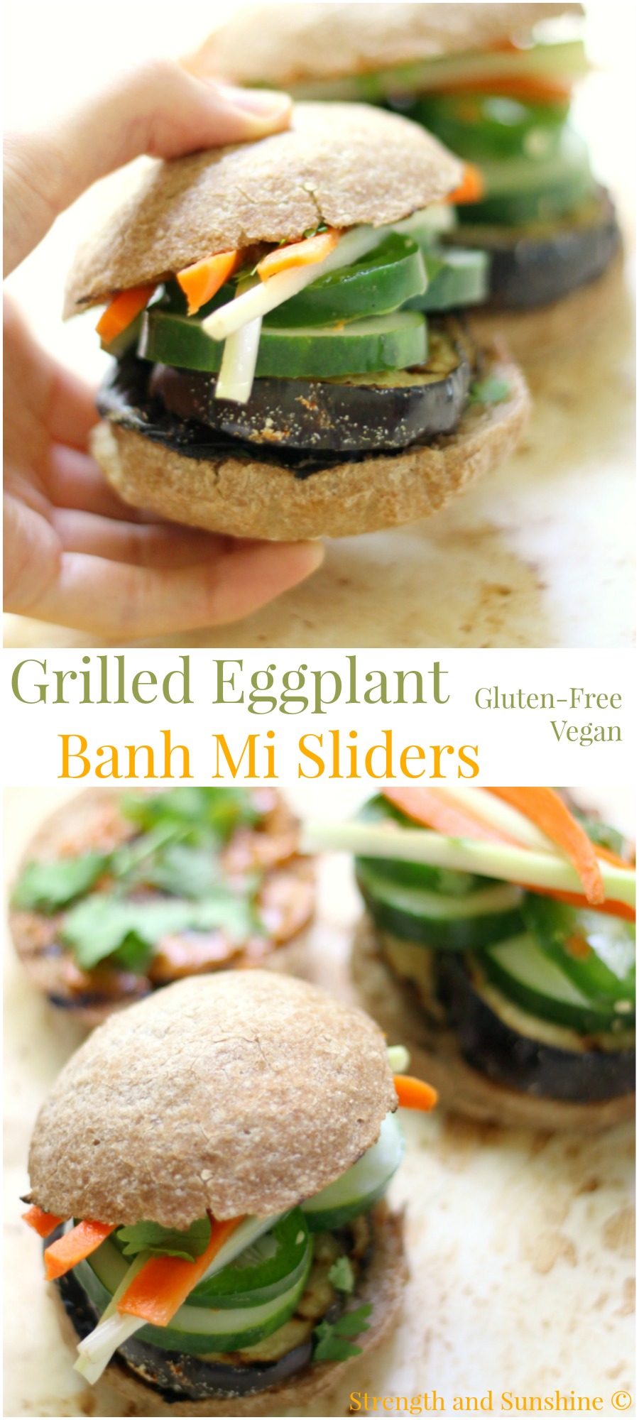 Grilled Eggplant Banh Mi Sliders | Strength and Sunshine @RebeccaGF666 The classic Vietnamese sandwich made healthy, gluten-free, & vegan. Grilled Eggplant Banh Mi Sliders are a hearty, spicy, & veggie-packed recipe you can serve up for lunch, dinner, or a party!