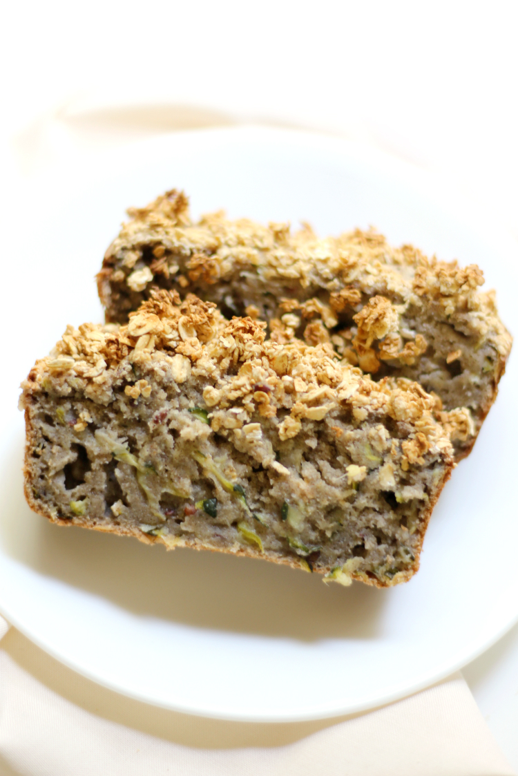 Gluten-Free Zucchini Bread with Maple Oat Crumble | Strength and Sunshine @RebeccaGF666 A classic with a twist! Gluten-Free Zucchini Bread with Maple Oat Crumble! A vegan, healthy, and more delicious way to bake your favorite summer quick bread recipe. Moist slices of zucchini bread with the comforting flavors of warm maple and oven-toasted oats!