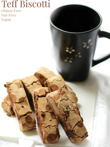 Chocolate Chip Teff Biscotti | Strength and Sunshine @RebeccaGF666 Grab your cup of coffee and a Chocolate Chip Teff Biscotti for a few moments of at-home bakery bliss! A gluten-free, nut-free, allergy-free, and vegan healthy recipe so you can enjoy this Italian classic once again without sacrificing flavor or crunch!