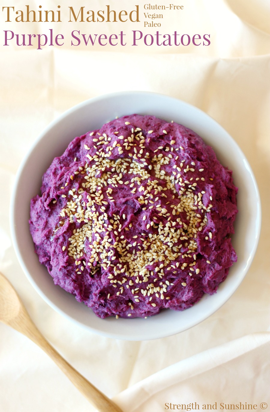 Tahini Mashed Purple Sweet Potatoes | Strength and Sunshine @RebeccaGF666 There's nothing quite as comforting as a plate of mashed potatoes, but it's time to take it up a notch! Tahini Mashed Purple Sweet Potatoes will blow the traditional side dish out of the park! This recipe is gluten-free, vegan, paleo, and top 8 allergy-free! This purple mash will be the star of any family dinner!