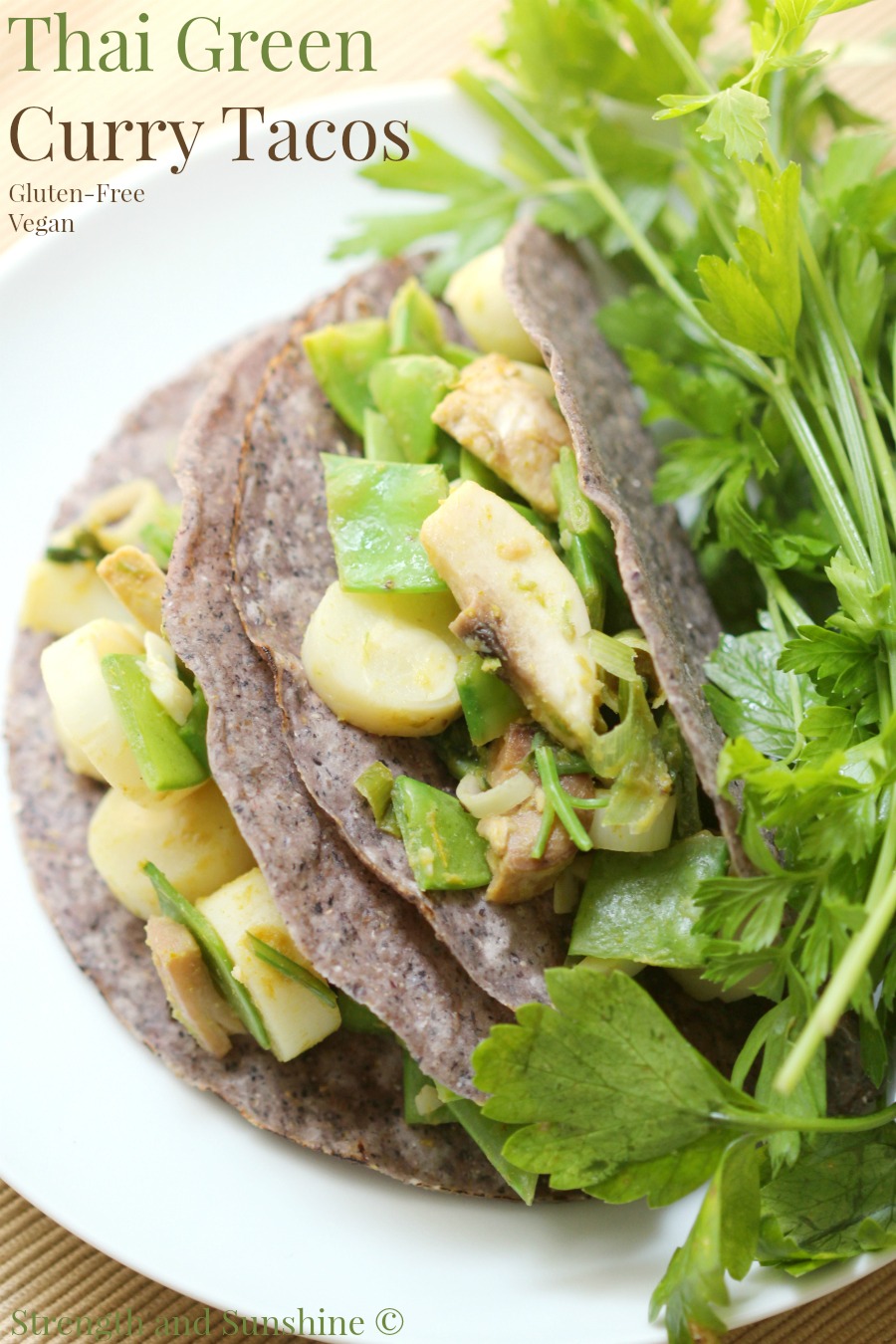 Thai Green Curry Tacos | Strength and Sunshine @RebeccaGF666 A new twist on tacos! Thai Green Curry Tacos are a fabulous Asian/Mexican fusion recipe to try. Gluten-free, vegan, and allergy-friendly, these tacos will make for a delicious and healthy dinner or lunch!