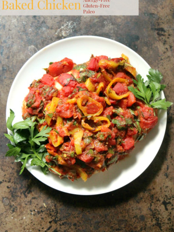 Banana Pepper & Tomato Baked Chicken | Strength and Sunshine @RebeccaGF666 A baked chicken recipe that packs a bold flavor punch! Banana Pepper & Tomato Baked Chicken is gluten-free, allergy-free, paleo, and Whole 30 approved! Dinner never has to be bland with this healthy new twist for chicken breasts!