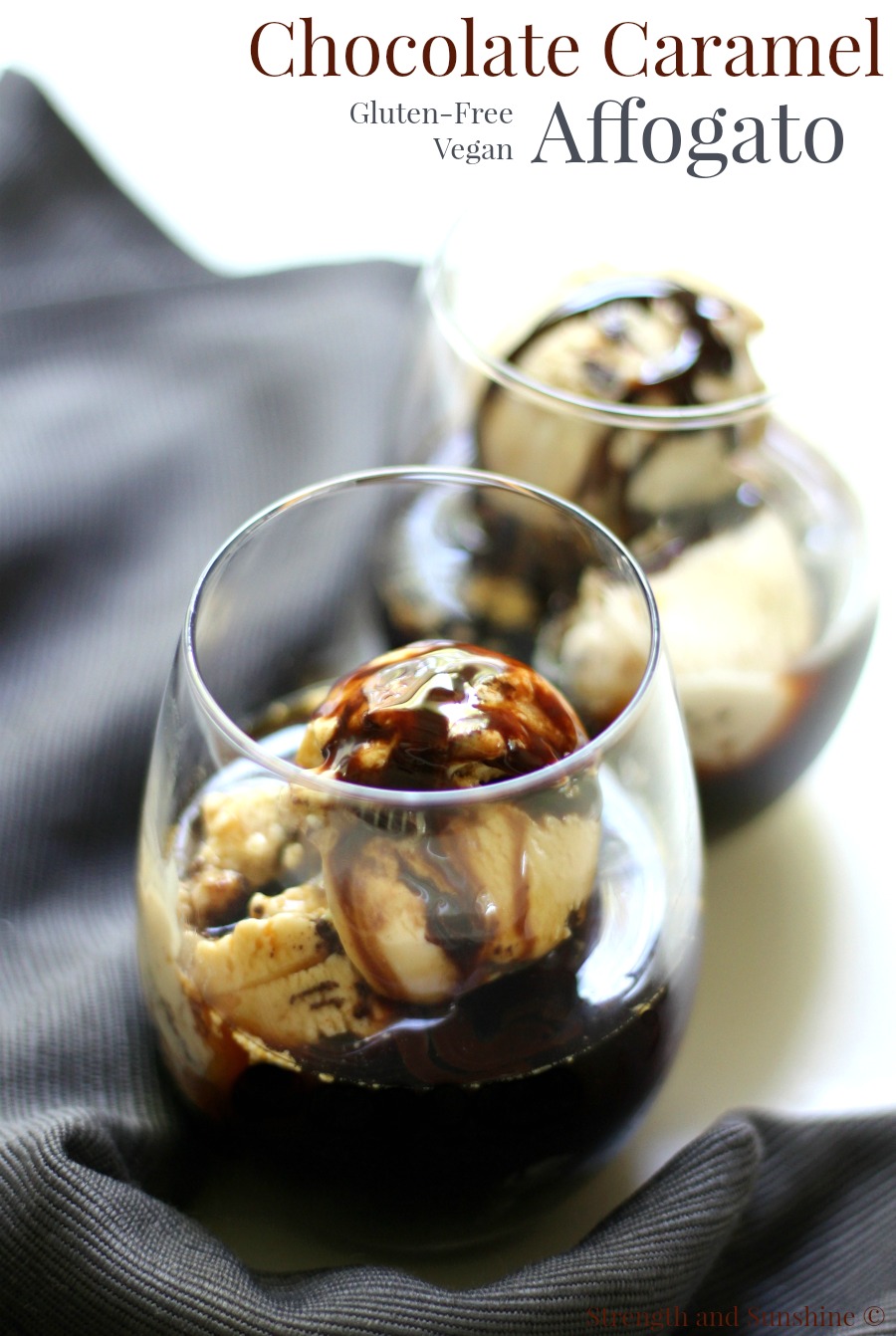 Chocolate Caramel Affogato (Gluten-Free, Vegan) | Strength and Sunshine @RebeccaGF666 The easiest 2 ingredient Chocolate Caramel Affogato recipe that's gluten-free and vegan! A decadent buzz-worthy treat to prepare on a date night or girl's night! This twist on the classic Italian dessert will be your new favorite coffee and ice cream treat!