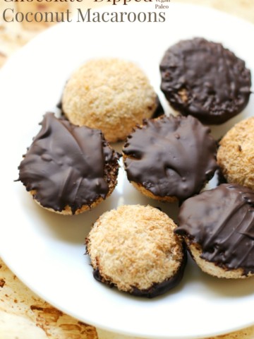 Chocolate-Dipped Coconut Macaroons | Strength and Sunshine @RebeccaGF666 A sweet and fancy treat for any occasion! Chocolate-Dipped Coconut Macaroons are a delicious and easy, gluten-free, vegan, paleo, and allergy-free dessert recipe. Everyone will be wowed by this healthy coconut and chocolate bite!