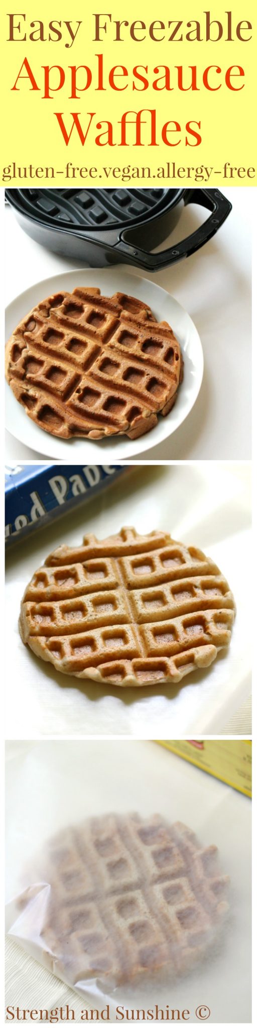 Easy Freezable Applesauce Waffles (Dippable!) | Strength and Sunshine @RebeccaGF666 A little breakfast meal prep and you'll always have an easy morning! These Freezable Applesauce Waffles are gluten-free, vegan, allergy-free, and dippable! A customizable recipe perfect for kids, teens, even adults!