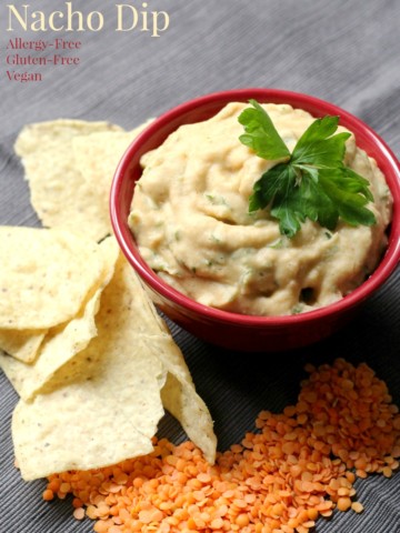 Red Lentil Nacho Dip (Gluten-Free, Vegan) | Strength and Sunshine @RebeccaGF666 Your favorite Mexican appetizer, now as a dip! A creamy Red Lentil Nacho Dip that's allergy-free, gluten-free, and vegan! A perfect recipe for parties or everyday snacking! Easy to make and delicious to eat!