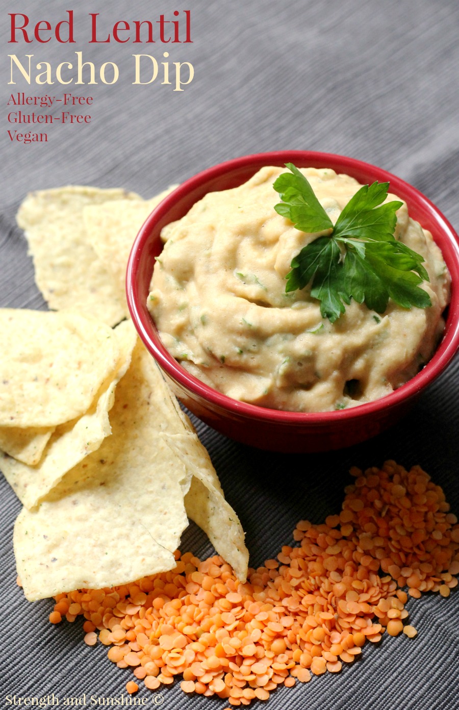 Red Lentil Nacho Dip (Gluten-Free, Vegan) | Strength and Sunshine @RebeccaGF666 Your favorite Mexican appetizer, now as a dip! A creamy Red Lentil Nacho Dip that's allergy-free, gluten-free, and vegan! A perfect recipe for parties or everyday snacking! Easy to make and delicious to eat! 