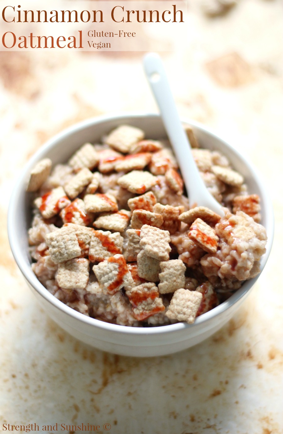 Cinnamon Crunch Oatmeal | Strength and Sunshine @RebeccaGF666 Just the breakfast recipe you need to start your day right! Cinnamon Crunch Oatmeal that tastes decadent, but is healthy, whole grain, and has a fun sweet crunch! This easy single-serve oatmeal is gluten-free, allergy-free, and vegan! ad