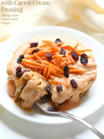 Carrot Cake Pancakes with Carrot Cream Frosting (Gluten-Free, Allergy-Free, Vegan) | Strength and Sunshine @RebeccaGF666 Everything you love about carrot cake, now as a healthy breakfast! These Carrot Cake Pancakes with Carrot Cream Frosting are gluten-free, allergy-free, vegan, and sneak in tons of veggie nutrition! This recipe is just what you need to welcome Spring!