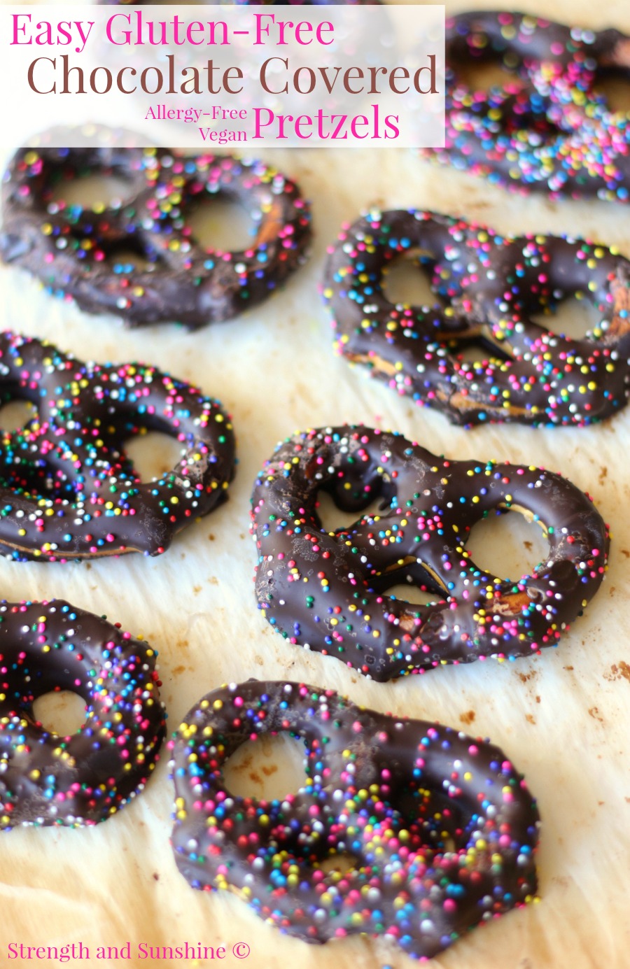 Easy Gluten-Free Chocolate Covered Pretzels (Allergy-Free, Vegan) | Strength and Sunshine @RebeccaGF666 The sweet and salty classic, now with a gluten-free, vegan, and allergy-free recipe! These Easy Gluten-Free Chocolate Covered Pretzels just need 2 ingredients and make for a fun dessert, snack, or edible gift!