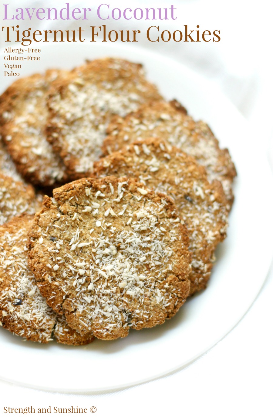 Lavender Coconut Tigernut Flour Cookies (Gluten-Free, Vegan, Paleo) | Strength and Sunshine @RebeccaGF666 Sweet, nutty, and earthy, these Lavender Coconut Tigernut Flour Cookies are an alluring and delicious treat to bake! Gluten-free, vegan, paleo, and allergy-free, whether you enjoy them as a snack with afternoon tea or a healthy dessert, this recipe is bound to be a new favorite!
