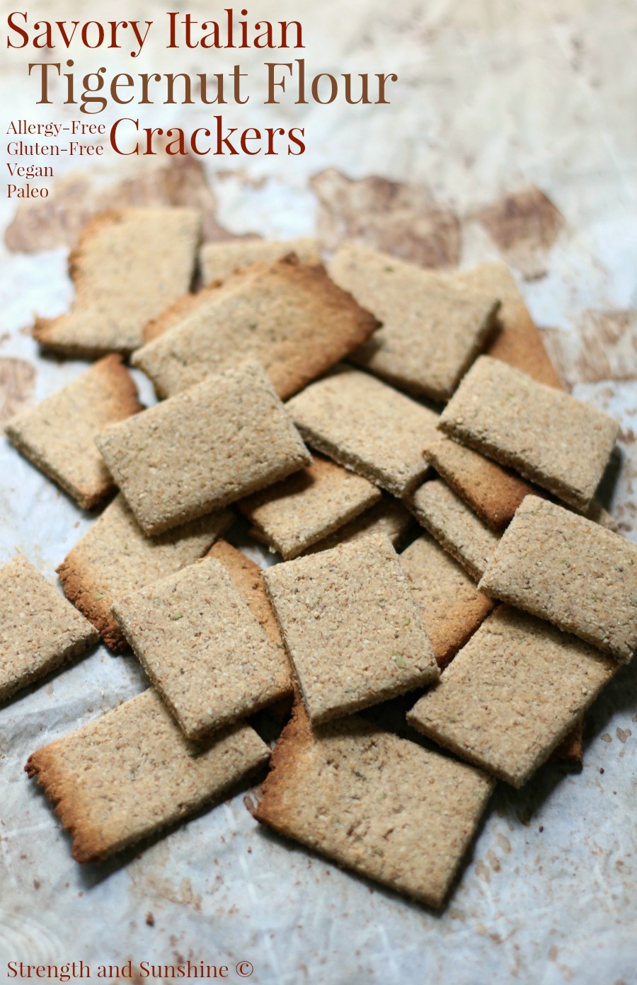 Savory Italian Tigernut Flour Crackers (Gluten-Free, Vegan, Paleo) | Strength and Sunshine @RebeccaGF666 A healthy and delicious grain-free snack! Savory Italian Tigernut Flour Crackers, easy and homemade, baked in the oven, and gluten-free, vegan, paleo, and allergy-free! They are perfect for an everyday snack or a fancy addition to an appetizer platter!