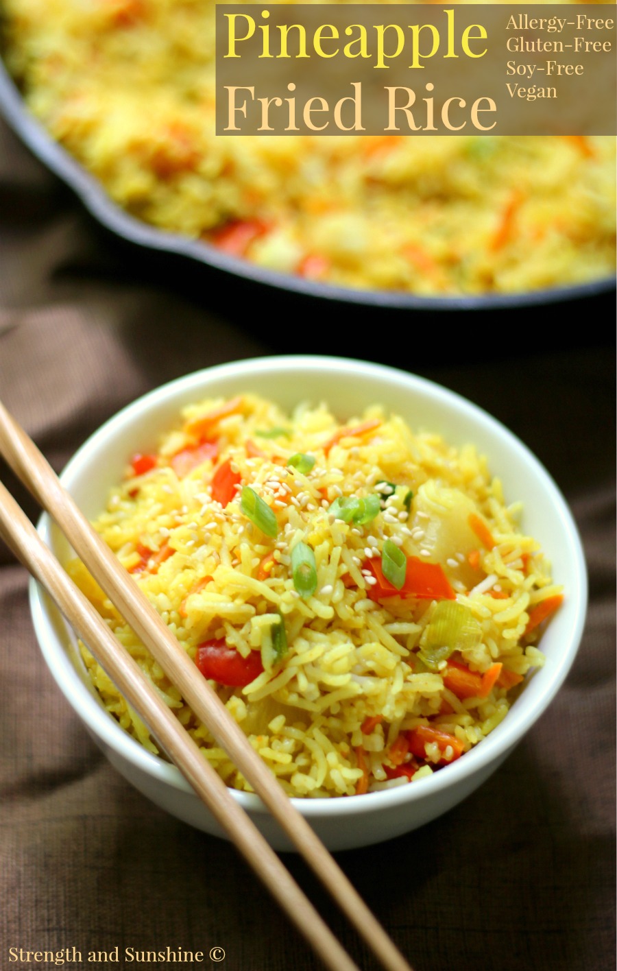 Gluten-Free Pineapple Fried Rice (Allergy-Free, Vegan) | Strength and Sunshine @RebeccaGF666 Super easy gluten-free, soy-free, allergy-free, vegan fried rice at home! Pineapple Fried Rice that's made on the stove in a cast iron skillet in just a few minutes! A great healthy recipe for lunch, dinner, and some fantastic leftovers!