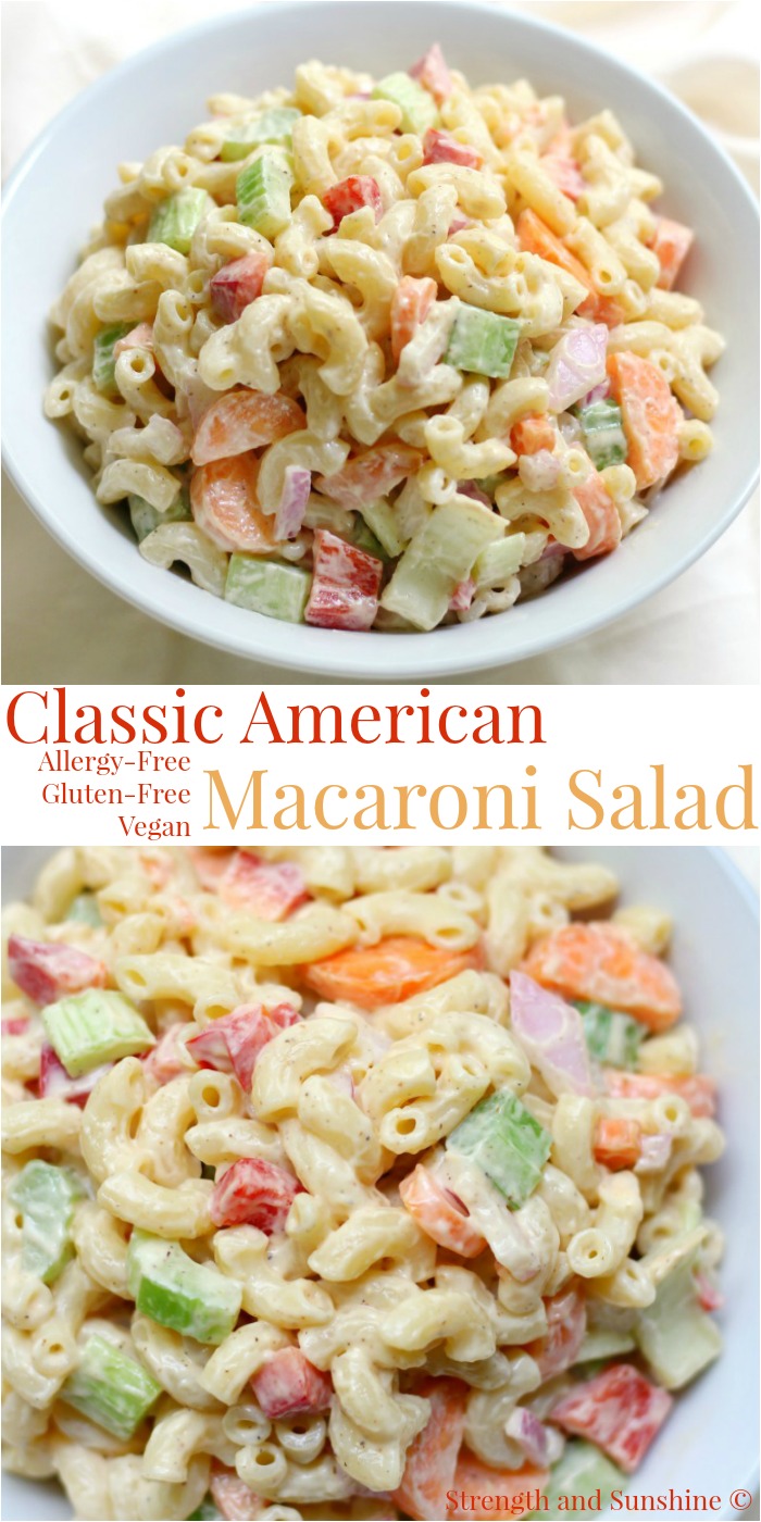 Classic American Macaroni Salad (Gluten-Free, Vegan) | Strength and Sunshine @RebeccaGF666 The best Classic American Macaroni Salad now with a perfectly gluten-free, vegan, and top 8 allergy-free recipe! Summer isn't complete without this traditional BBQ and grilling cookout essential pasta side dish!