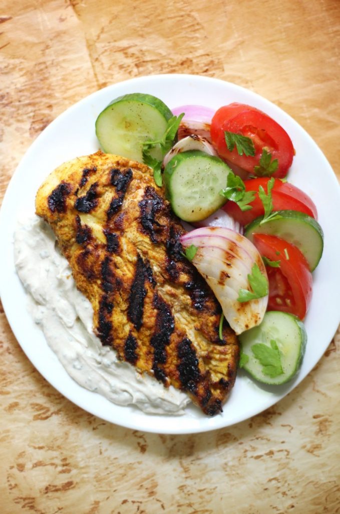 Grilled Chicken Shawarma with Yogurt Tahini Sauce & Marinated Veggies (Gluten-Free, Paleo) | Strength and Sunshine @RebeccaGF666 A gluten-free and paleo grilled chicken shawarma recipe served with a dairy-free yogurt tahini sauce and marinated veggies. This Arabic meal packs in so much flavor and is guaranteed to be a showstopper dinner!
