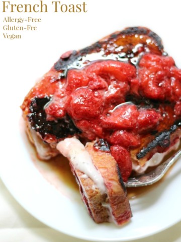Gluten-Free Strawberry Stuffed French Toast (Vegan, Allergy-Free) | Strength and Sunshine @RebeccaGF666 A French toast recipe that's just a bit more special! Gluten-Free Strawberry Stuffed French Toast that's vegan, top 8 allergy-free, and a breakfast loaded with strawberry topping and dairy-free strawberry cream cheese!